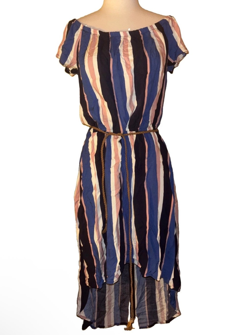 J for Justify Striped Off-Shoulder High-Low Dress in Navy, Blue & Pink